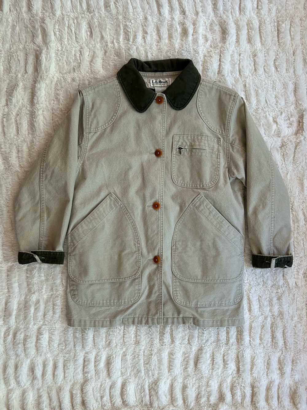 Made in USA LL Bean Vintage Chore Coat Barn Jacket Beige S - Picture 2 of 13